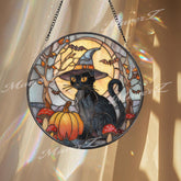 Black Cat Suncatcher: Halloween Pumpkin, Moon, Gothic Glass Art